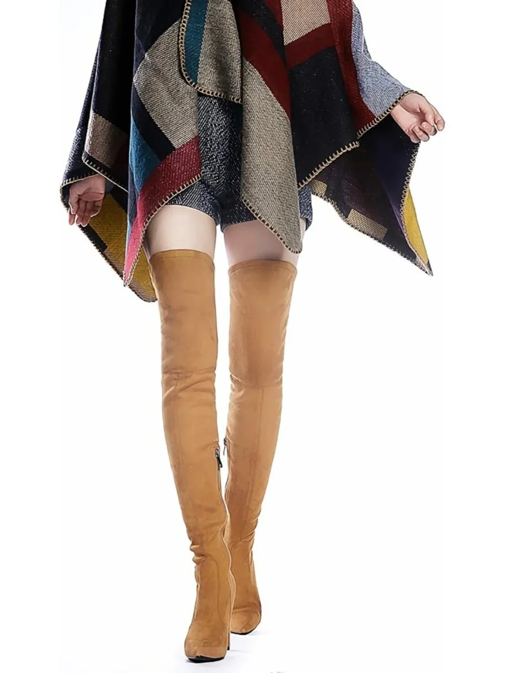 Women's Brown Suede Stretch Chunky Heel Over Shaft Length Knee Boots Thigh High